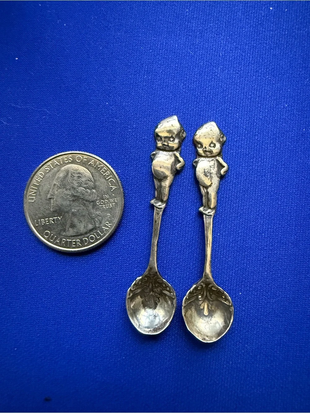 Antique Kewpie Doll Sterling Silver salt spoons.  1920’s.  Stamped Sterling